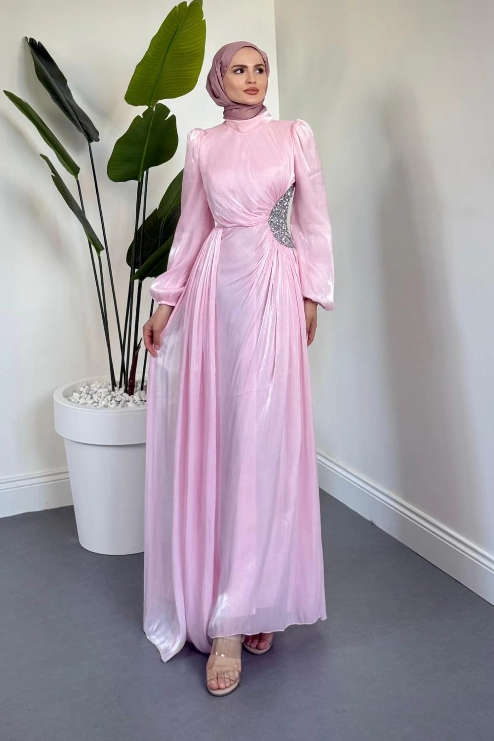 Nola Yanı Taşlı Jan Jan Abiye Şeker Pembesi