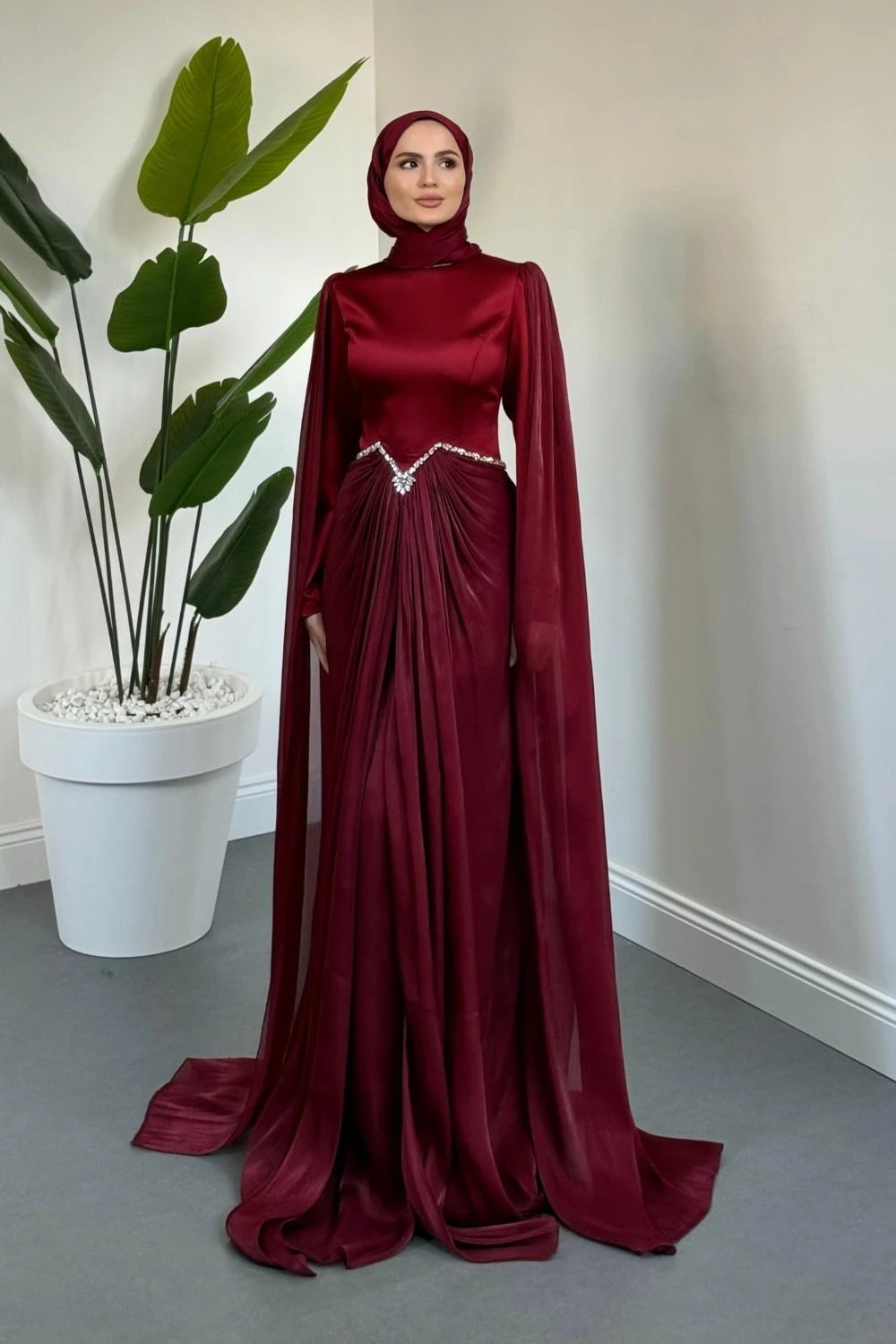 Loverna Taşlı Pelerinli Abiye Bordo