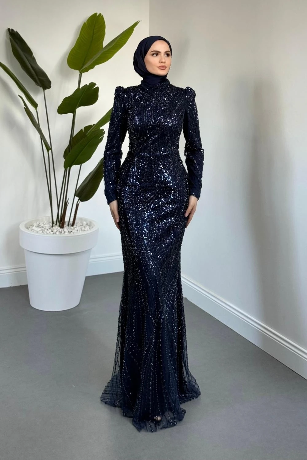 Mervena Korseli Arkası Büzgülü Taş İşlemeli Abiye Lacivert