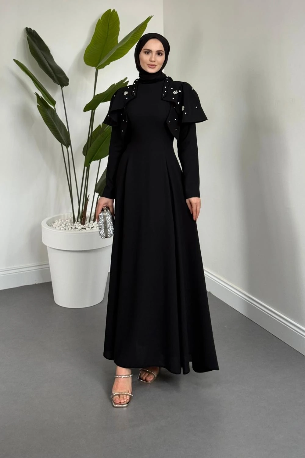 Roxana Taşlı Krep Abiye Siyah