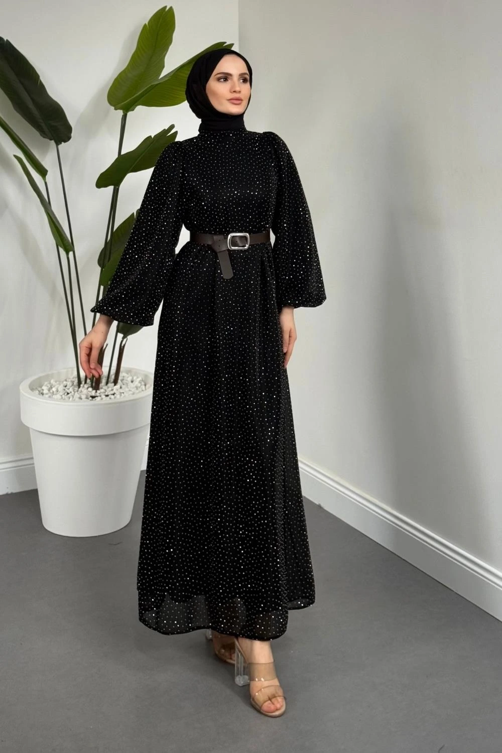 Louise Taşlı Kemerli Balon Kol Abiye Siyah
