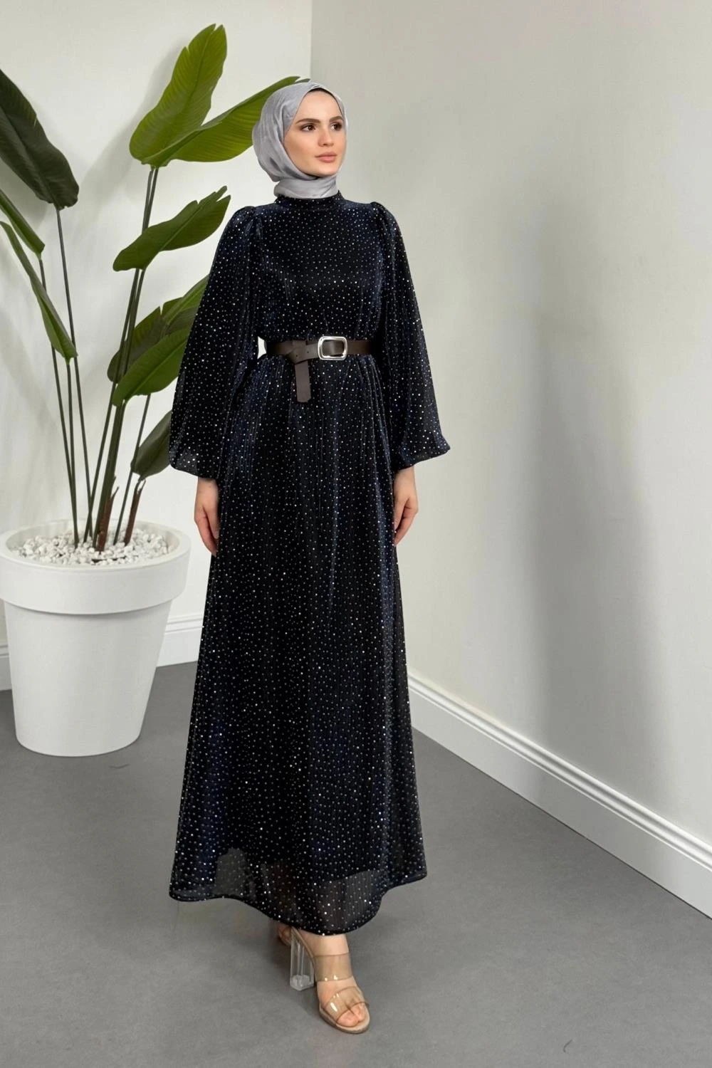 Louise Taşlı Kemerli Balon Kol Abiye Lacivert