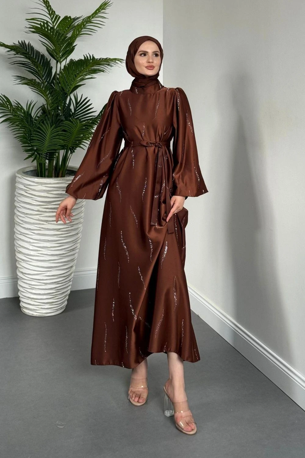 Kaitlyn Taşlı Abiye Kahverengi