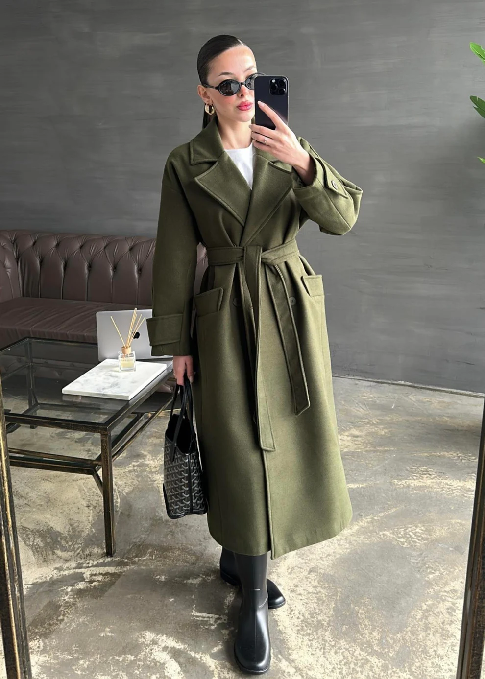 Kelebek Yakalı Uzun Kaban AÇIK YEŞİL