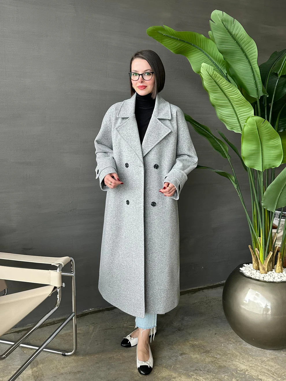 Kelebek Yakalı Kaşe Kaban ORTA GRİ