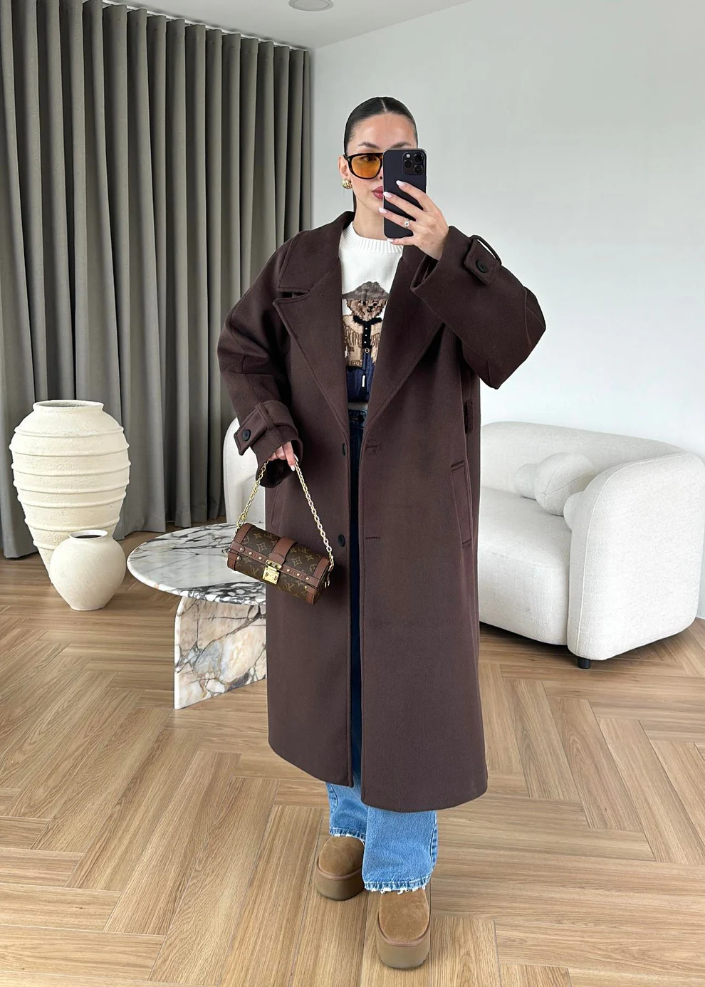 İki Düğmeli Kuşaklı Kaban ACI KAHVE