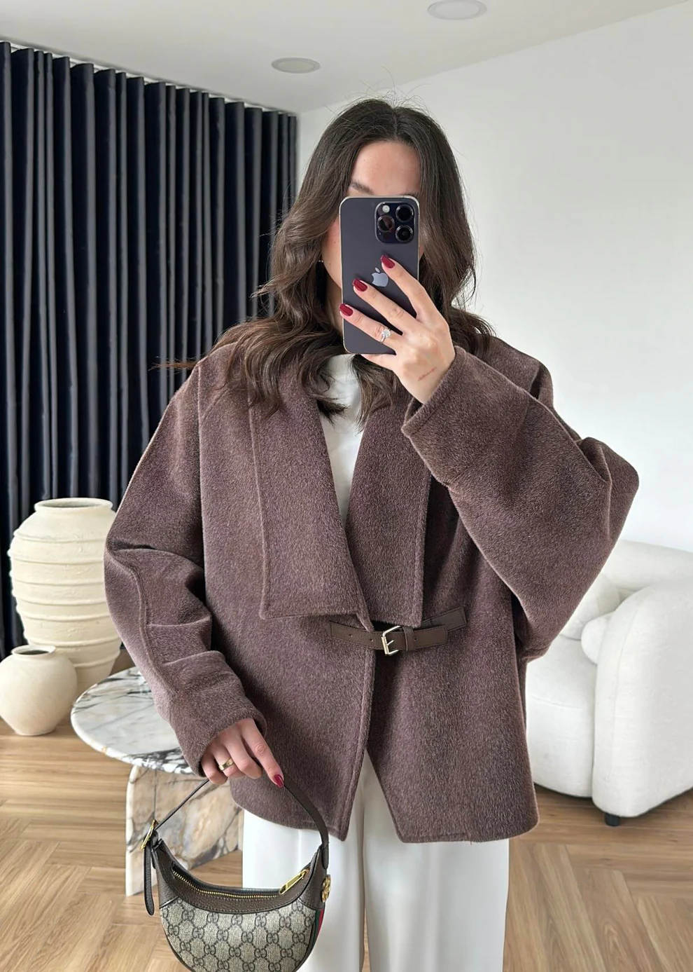 Kayışlı Alpaka Kaban KAHVERENGİ