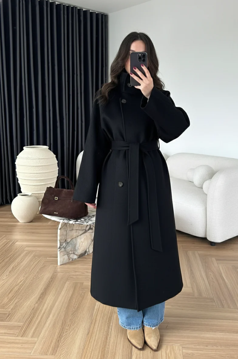 Dik Yakalı Kuşaklı Kaban SİYAH