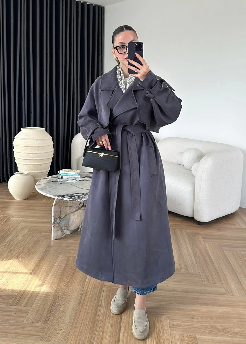 Apoletli Süet Trençkot ANTRASİT