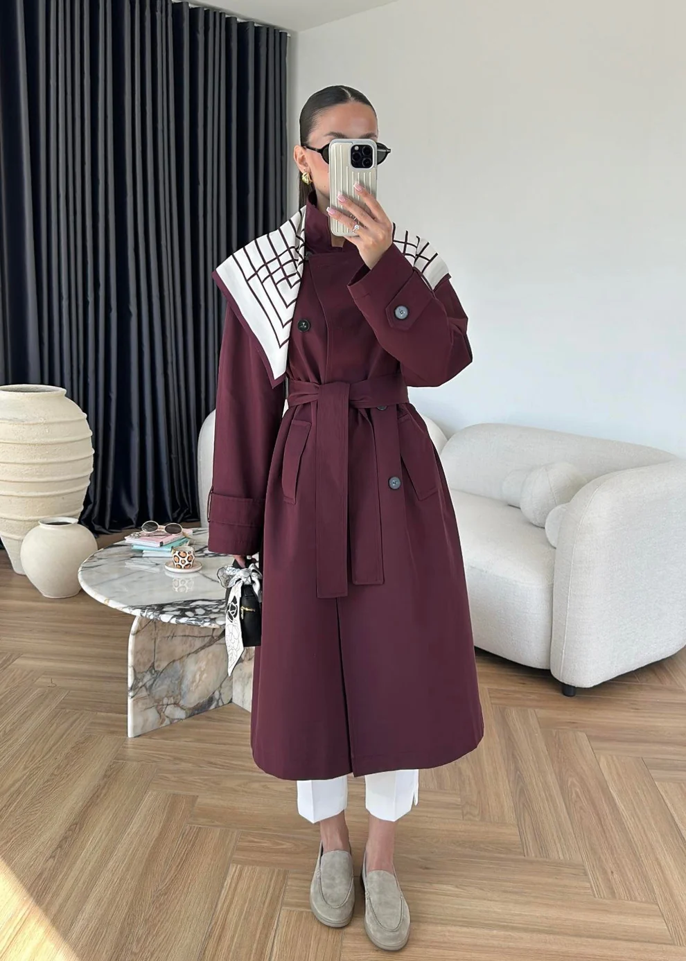 Fularlı Uzun Trençkot BORDO