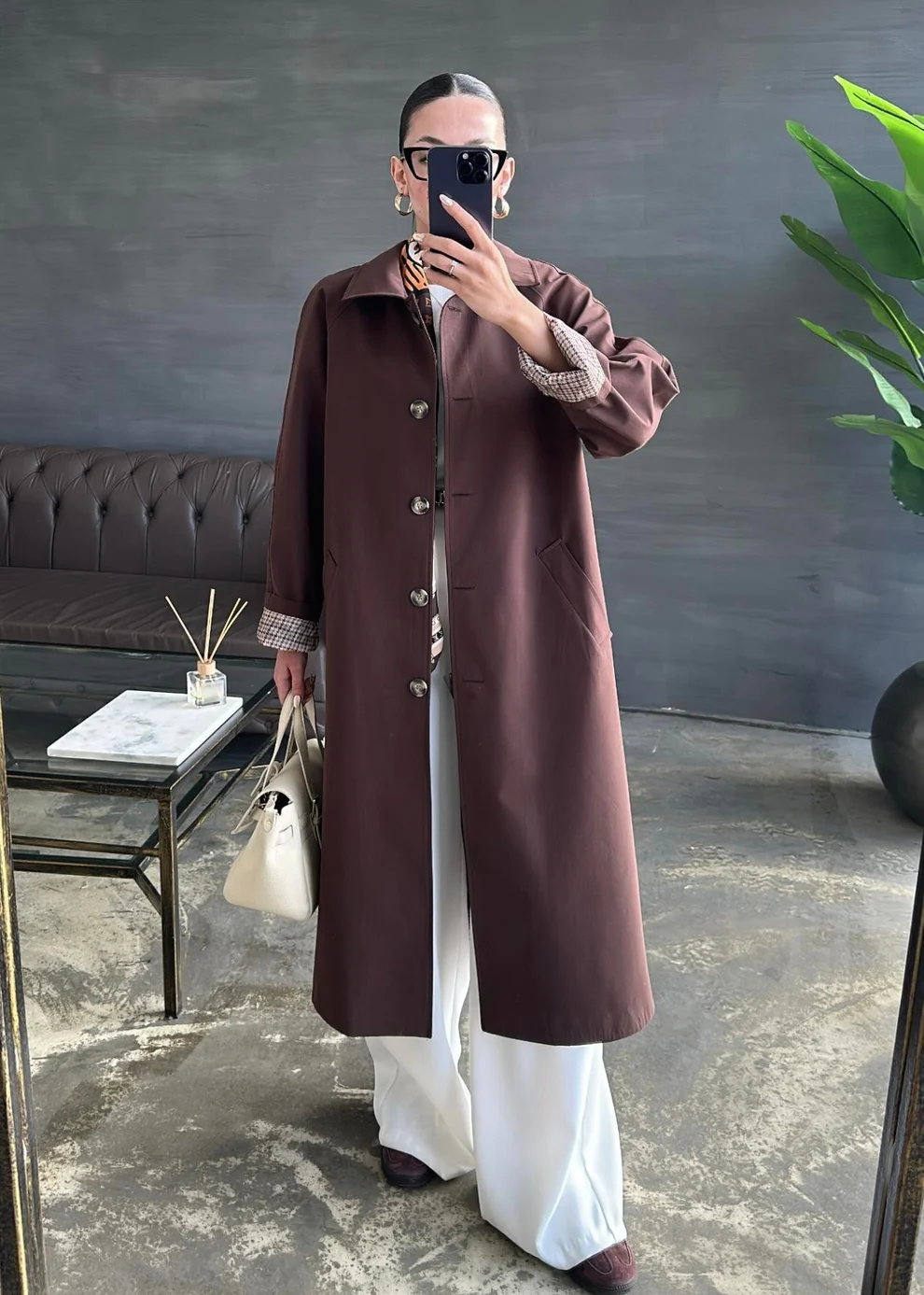 Astarı Kazayağı Desen Trençkot ACI KAHVE