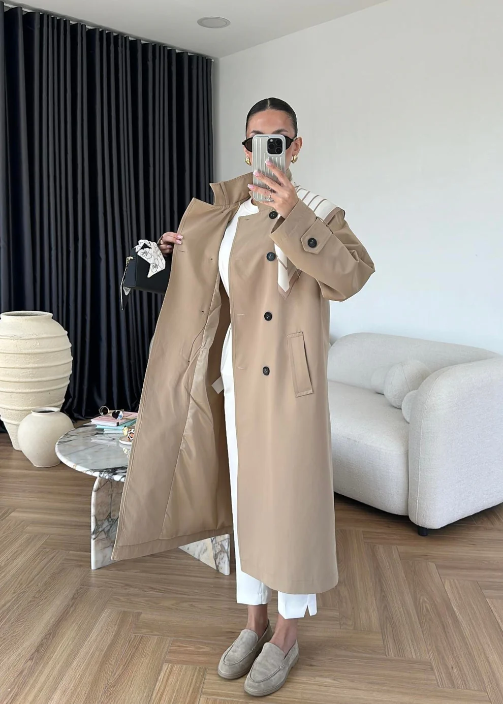 Fularlı Uzun Trençkot BEJ