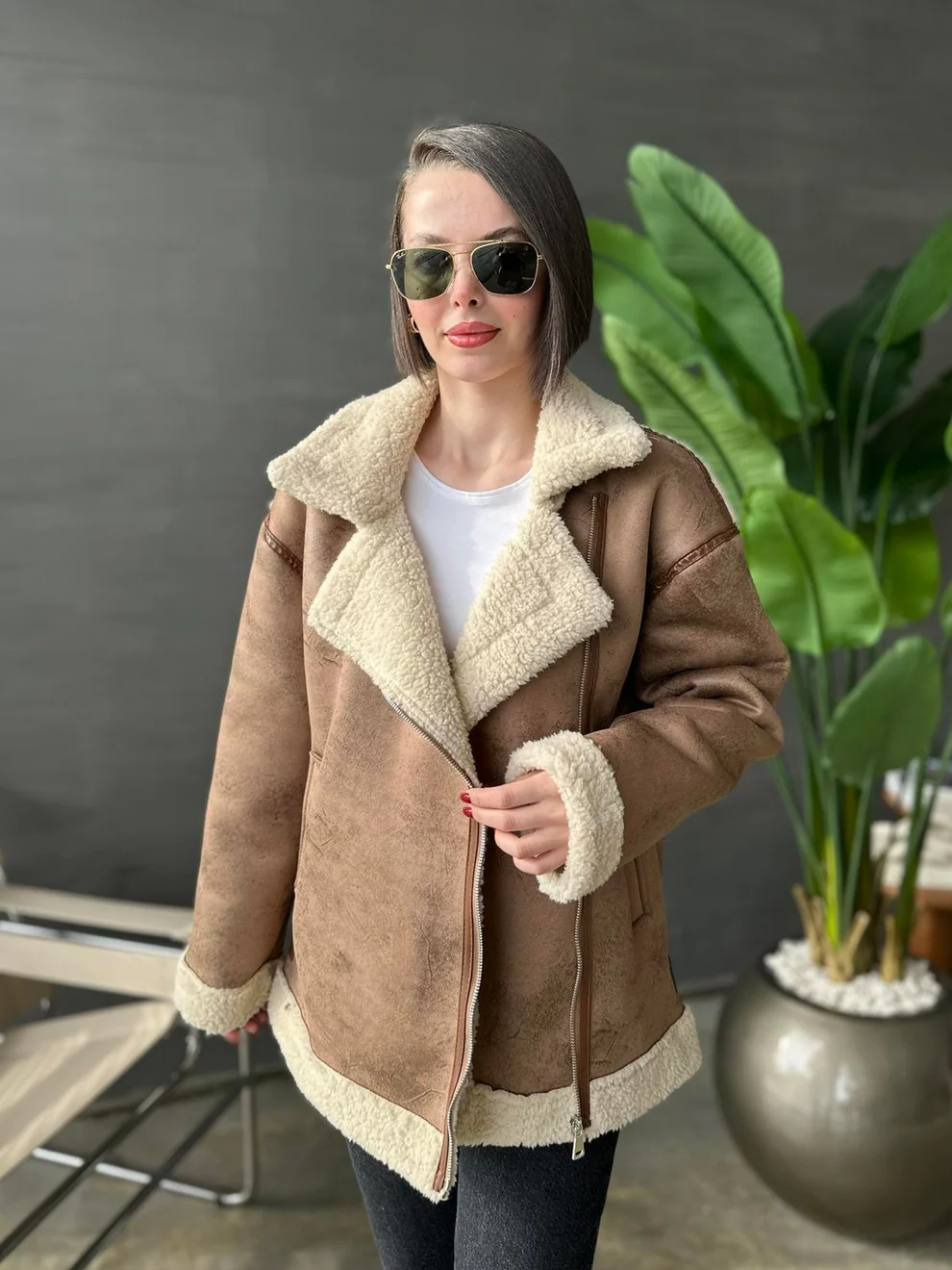 Deri Biyeli Kürk Ceket CAMEL