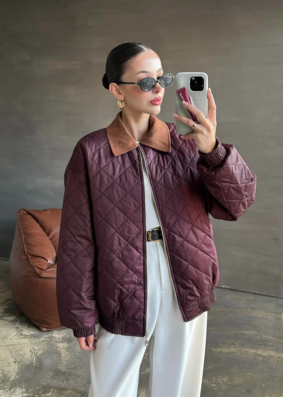 Süet Yakalı Kapitone Mont BORDO