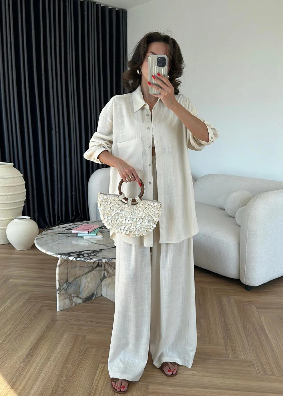 Sedef Düğmeli Uzun Keten Takım NATUR