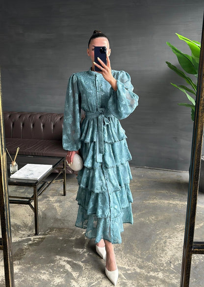 Çiçek Desenli Fırfırlı Elbise MİNT YEŞİLİ