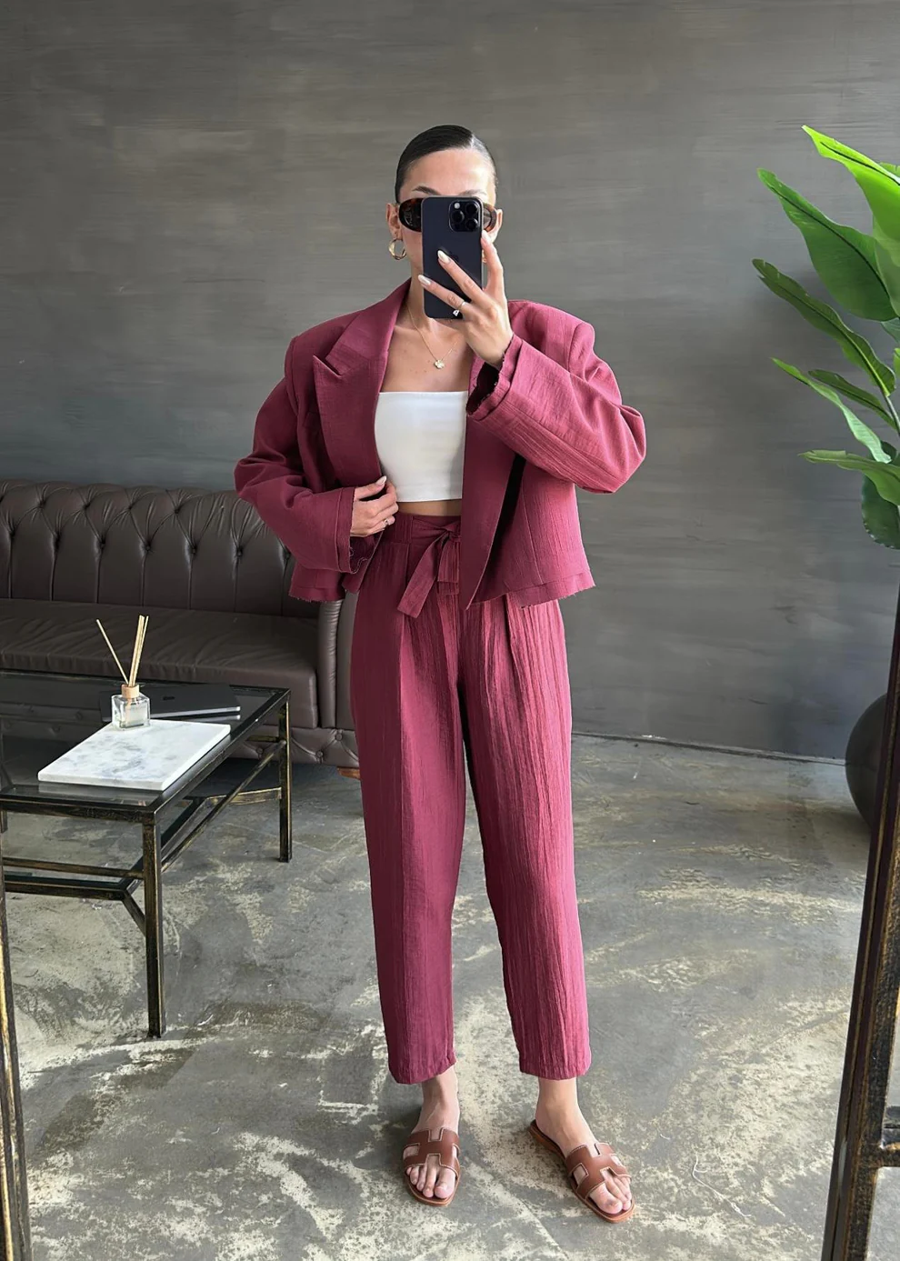 Bağlama Detaylı Crop Ceketli Takım BORDO