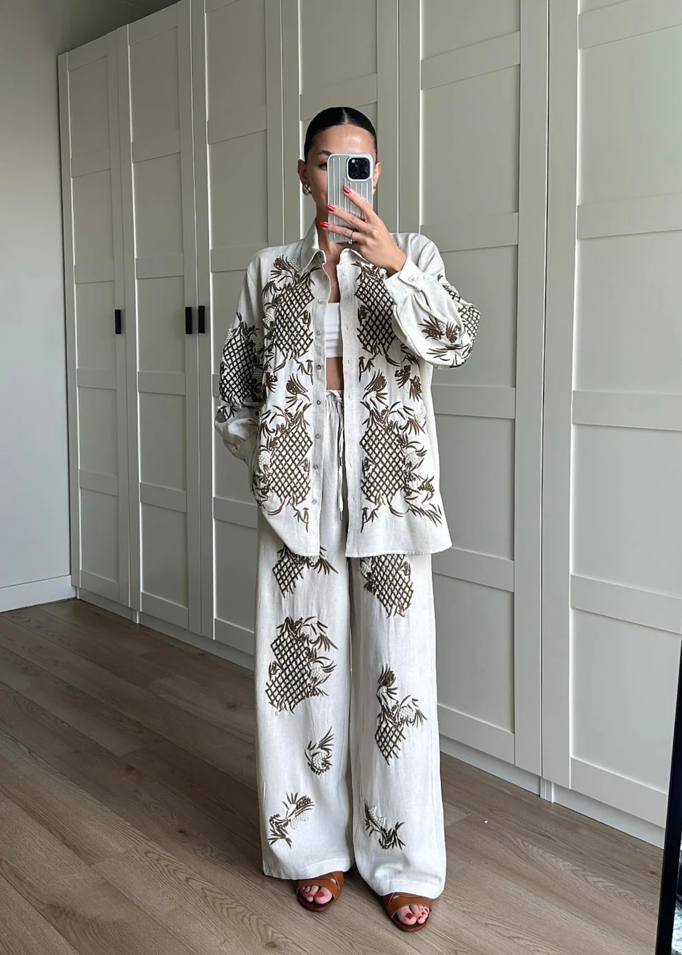 Boncuk ve Nakışlı Keten Takım NATUR