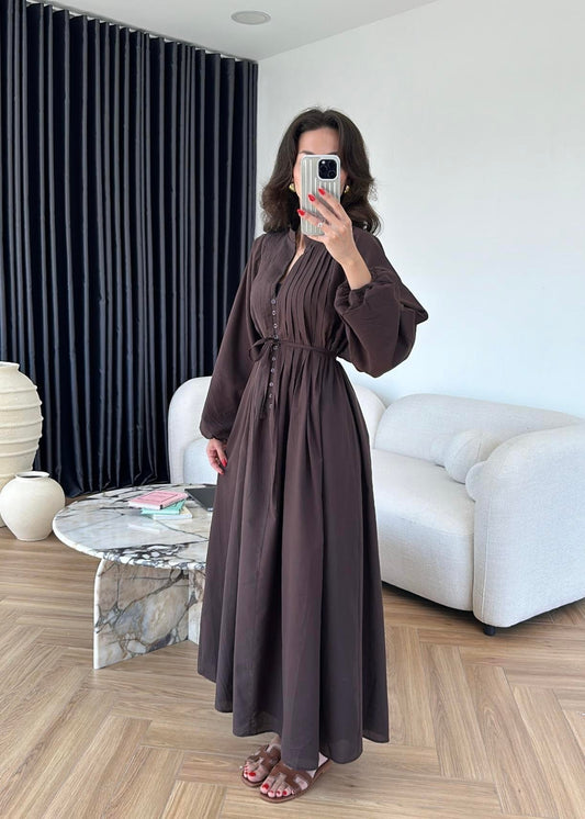 Hasır Kemerli Keten Gömlek Elbise KAHVERENGİ